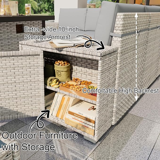 PCSXDSW 7-Piece Outdoor Patio Furniture Set, Rattan Wicker Conversation Set with Wide Armrests, Outdoor Modular Sectional Couch Seating Group Sofa with Fire Pit for Deck Garden Porch (Gray Cushions)