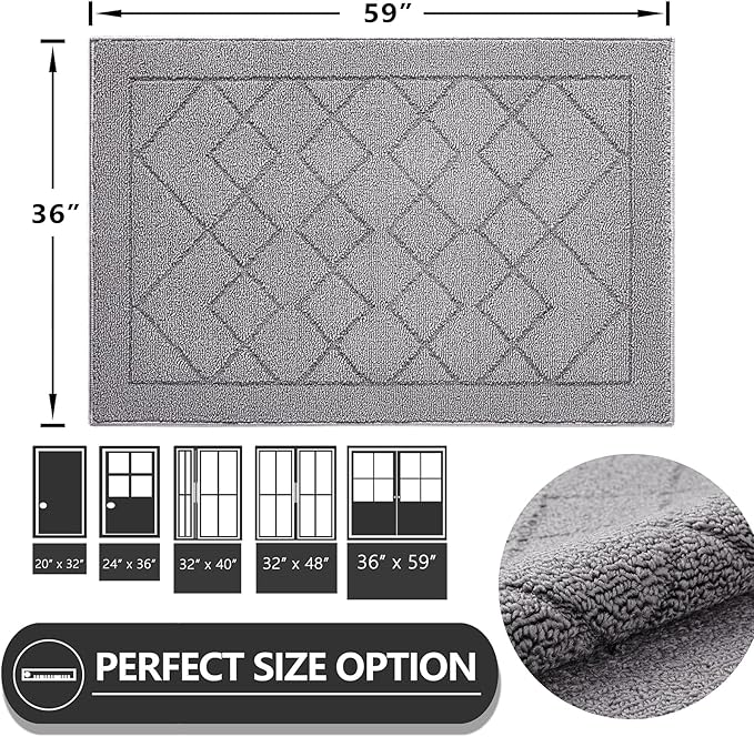 REFETONE Indoor Doormat, Front Back Door Mat 36"x60" Rubber Backing Non Slip Mats, Absorbent Washable Entrance Doormat for Entryway, Resist Dirt Low-Profile Inside Floor Mat for Muddy Shoes Light Grey