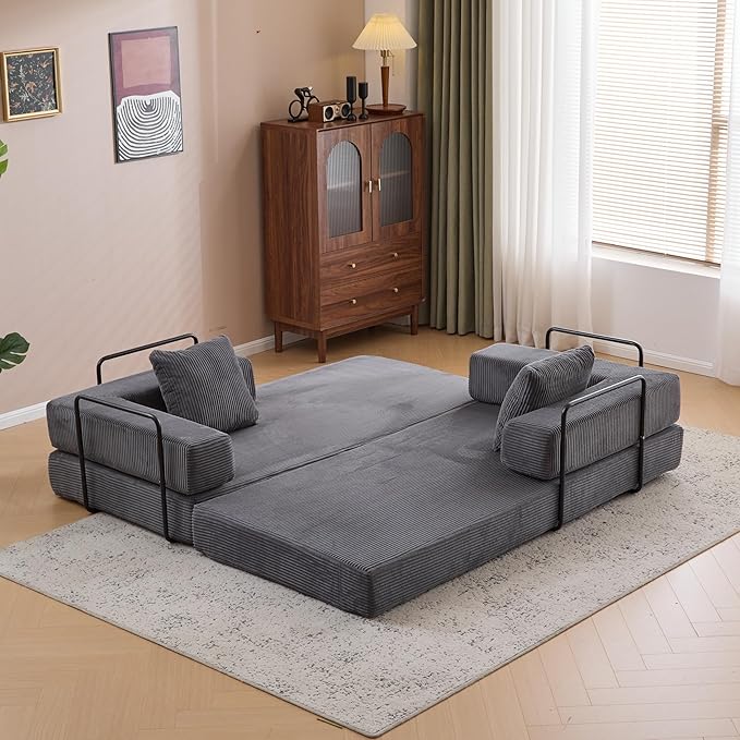 77" Convertible Foldable Floor Couch, 3-Seat Futon Sleeper Sofa for Living Room, Bedroom, or Apartment, with Pillow Backrest and Armrests, Corduroy Fabric, No Assembly Required, Dark Grey