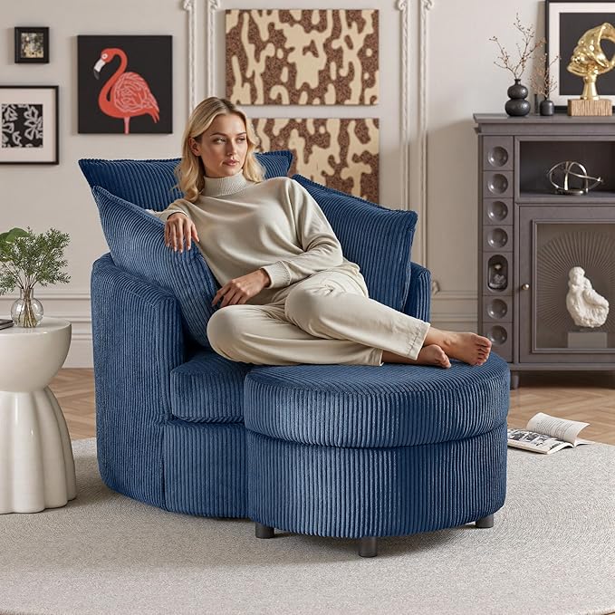Chorlenimi Swivel Accent Chair Round Barrel Armchair Upholstered Living Room Chair Corduroy Reading Chair Single Sofa Chair for Bedroom Apartment Office (Blue, Upgrade 1Seater+ Ottoman)