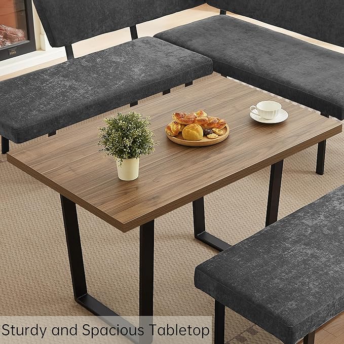 3-Piece Corner Dining Table Set with Bench, 67 Inch Space-Saving Breakfast Nook for Kitchen & Dining Room (Walnut Table & Grey Bench)