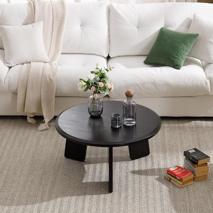 Janoray Modern Wood Coffee Table Small Desk Farmhouse Round Coffee Table Floor Table Couch Table Easy Assembly for Living Room/Office/Reception/Sofa Couch End, Black