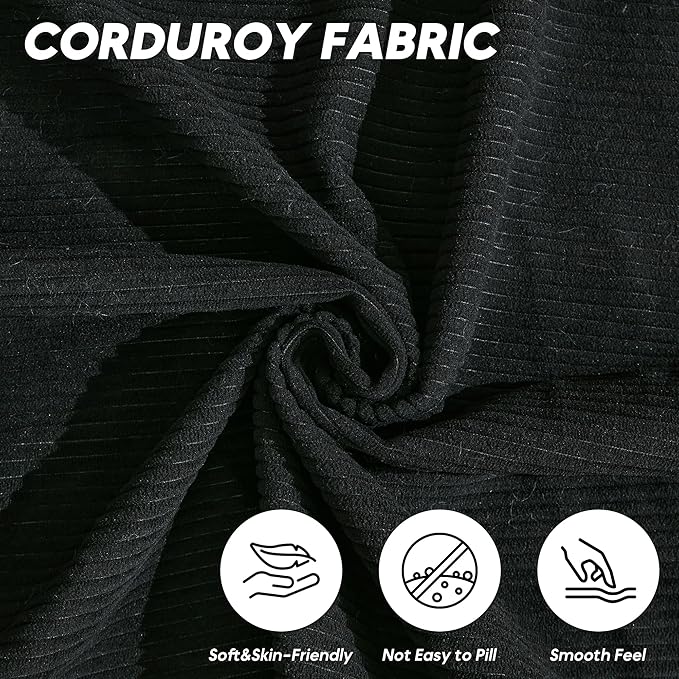 L Shaped Convertible Modular Sofa Bed with Cylindrical Pillow & Reversible Chaise, Corduroy Folding Floor Sofa Couch Bed with Fixed-Shape Frame & Storage Pocket for Living Room, Black