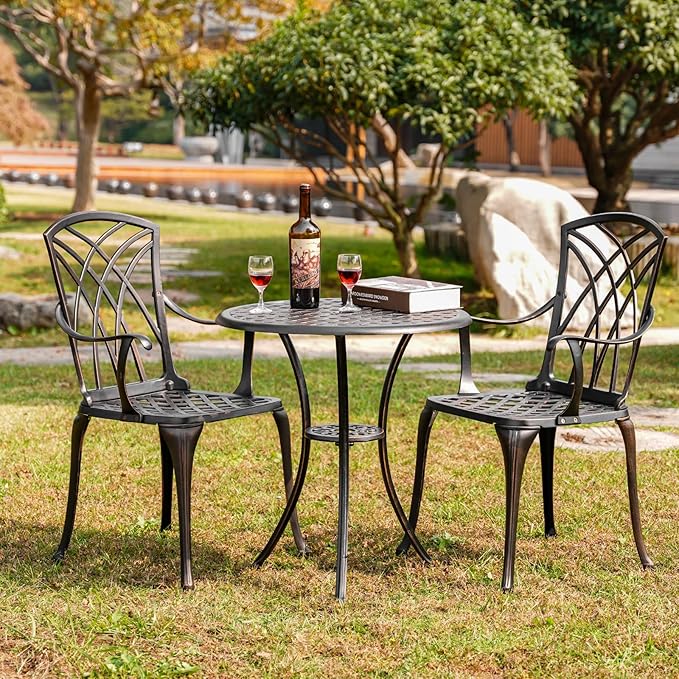 Withniture Outdoor Patio Bistro Set All Weather Bistro Table and Chairs Set of 2 with Umbrella Hole, Cast Aluminum Outdoor Bistro Set Rust-Resistant Patio Furniture for Garden Porch, Bronze