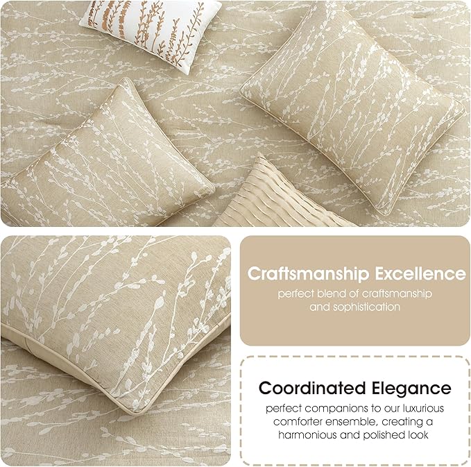 Grand Avenue 6 Piece Cotton Taupe Comforter Set, California King Size Jacquard Bedding Set, All Season Floral Leaves Bedding Set, Matching Pillows, Shams, Bed Skirt