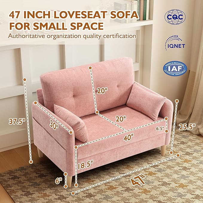 47" Small Sofa Couch for Bedroom, Soft Chenille loveseat Mini Couch with Throw Pillow and Removable Cushion Cover for Small Spaces, Living Room, Apartment, Dorm, Office(Pink)