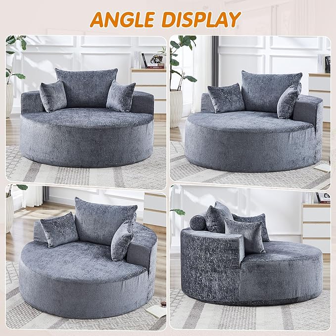 55"W Oversized Round Chair Lounge Chaise Indoor, Upholstered Comfy Circle Sofa Armchair, Modern Cozy Boneless Foam Floor Reading Chair for Living Room, Bedroom, No Assembly Required(Chenille, Grey)