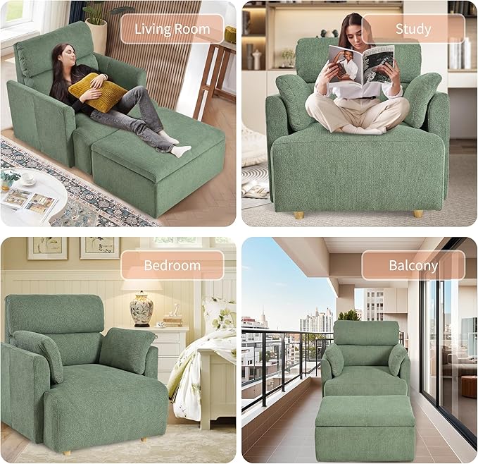 Snowflake Fleece Oversized Accent Chair with Storage Ottoman - 26.57" Wide Deep Seat Reading Chair, Convertible Daybed, 400lbs Capacity for Living Room & Apartment (Green)