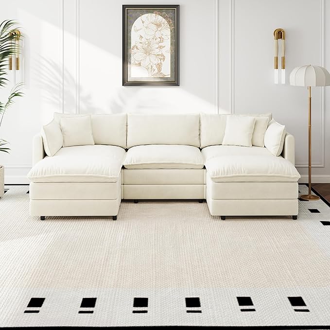 Aoowow Modular Sectional Sofa Modern Convertible U Shaped Couch,112.2 Inch Deep 3-Seater Sofas Set Comfy Chenille Cloud Sofas and Couches with Movable Ottoman for Living Room Apartment（Beige）
