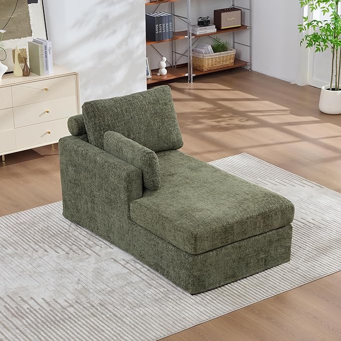 KEIKI 60" Chaise Lounge Chair Indoor, Modern Deep Seat Sofa Bed, Corduroy Couch with Cushions, Single Sleeper Chair for Living Room, Bedroom, Apartments, Green (Left Side)