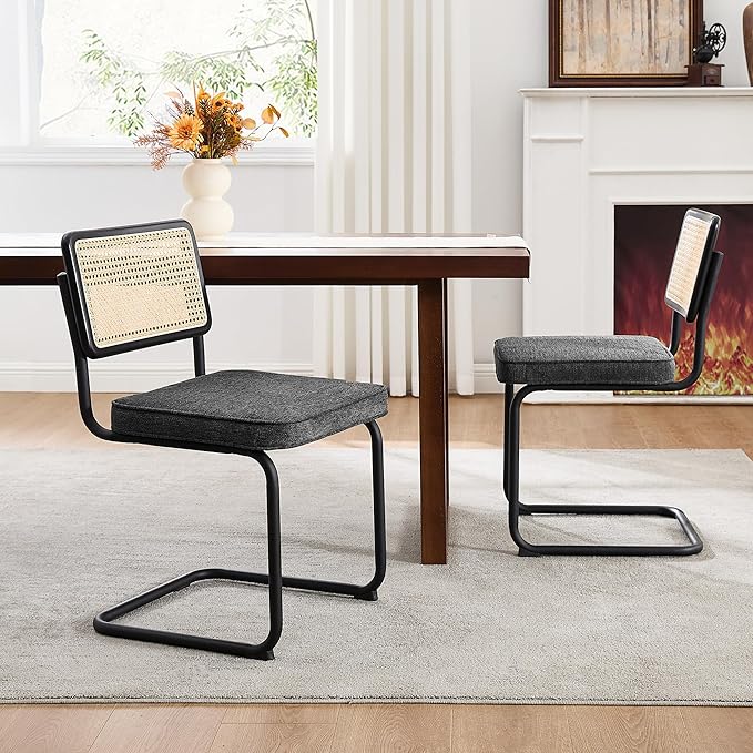 Zesthouse Rattan Dining Chairs Set of 6, Mid Century Modern Dining Room Chairs with Natural Cane Mesh & Black Matte Base, Dark Grey Cesca Chair, Linen Fabric Kitchen Chair with Solid Wood Frame Back