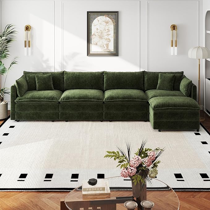 Aoowow Modular Sectional Sofa Modern Convertible L Shaped Couch,147.2 Inch Deep 4-Seater Sofas Set Comfy Chenille Cloud Sofas and Couches with Movable Ottoman for Living Room Apartment（Green）