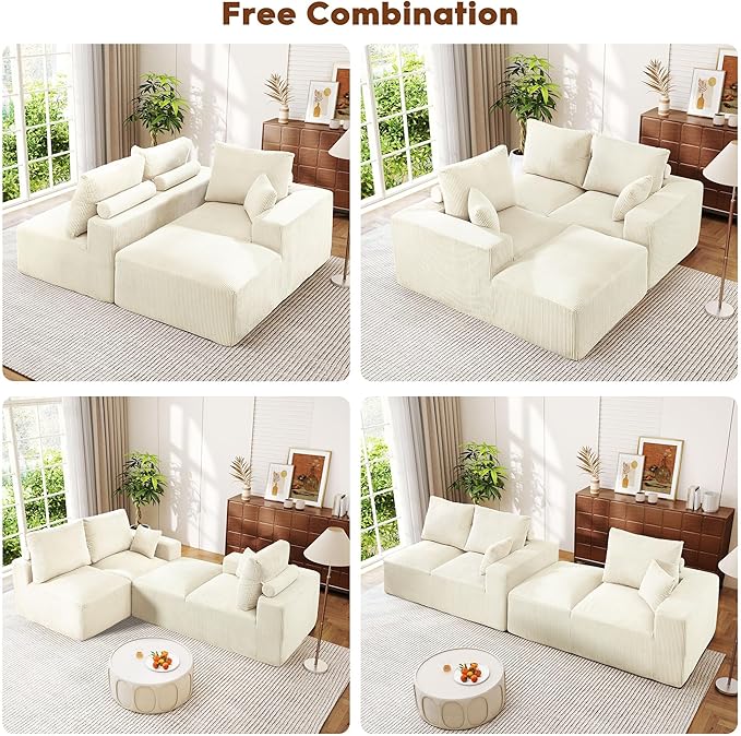 WESTSETLUX 108” Cloud Sectional Sofa Couch with High-Seat, Corduroy Modular Sofa with Oversized Chaise, High-Back Modern L-Shaped Couches for Living Room, No Assembly Required (White)