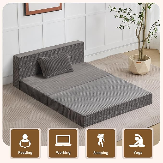 Folding Sofa Bed Convertible Floor Couch Foldable Chair Bed with Pillow，Linen Sleeper Chair Futon,Foldable Memory Foam Mattress for Bedroom/Living Room/Dorm/Office (Corduroy Grey, Standard)