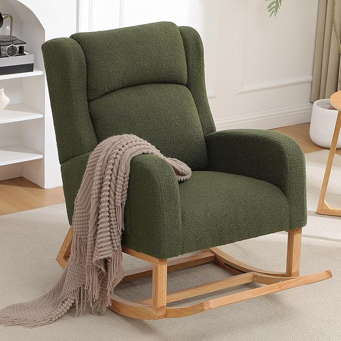 HCHAIRH Rocking Chair Nursery, Nursing Rocking Chairs for Mom Nursery, Comfy Wingback Teddy Glider Rocking Armchair with Foot Rest and Side Pocket for Nursery Living Room Bedroom, Green