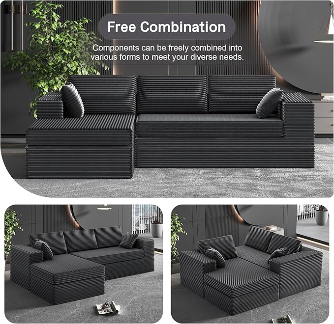 luckyvo 108-inch Boneless Couch for Living Room，Comfy Boneless Sofa with Deep Seats & Chaise Lounge, 3-Seat Modular Sofa Memory Foam Sectional Couches - No Assembly Required(Dark Grey)