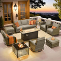 ovios 10 Pieces Patio Furniture Set, Outdoor Wicker Sofa Couch with Rocking Swivel Chairs Solar Light Table Fire Pit, Modern Deep Seat Rattan Conversation Sets, Dark Grey