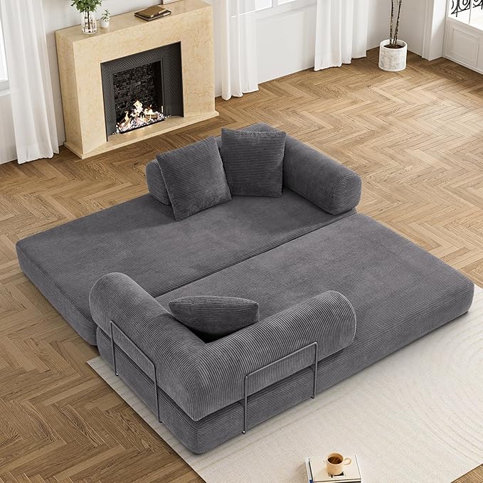 DAMAIFROM Convertible Sleeper Sofa Bed with Pillow, 4-in-1 Corduroy Folding Mattress Couch with Fixed-Shape Frame, Futon Fold Out Floor Sofa Cama Lounge Couch for Living Room Bedroom Studio, Grey