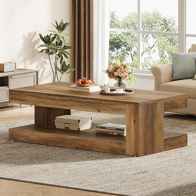 Tribesigns Coffee Table for Living Room, 47.24 Inch Farmhouse 2-Tier Accent Center Tea Cocktail Table with Storage, Brown, Rectangle