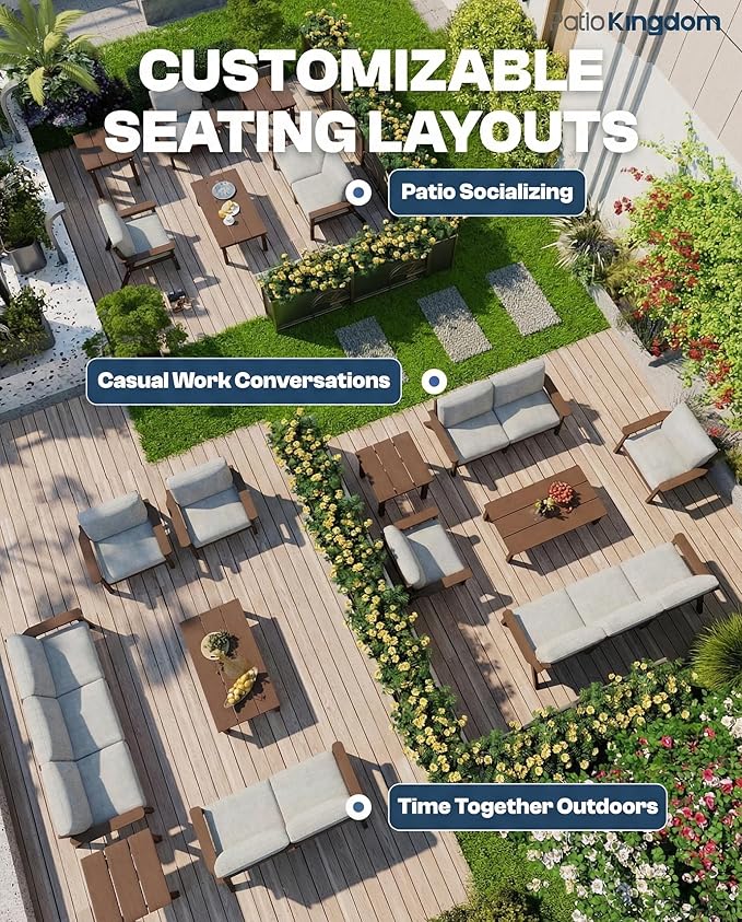 Patio Kingdom HDPE 7 Piece Patio Furniture Set, HDPE Outdoor Sectional with with Gray Thick Cushions, Coffee Table and Side Table, Patio Conversation Sets for Lawn, Garden, Porch (Brown Frame)
