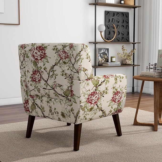 DREAMSIDEA Accent Chair, Modern Linen Blend Arm Chair for Living Room, Bedroom, Comfy High-Resilient Sponge Reading Chair for Small Spaces (Pattern Red Floral, Set of 2)