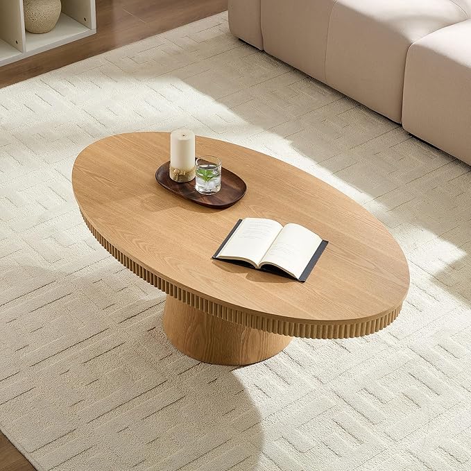 Coffee Table Modern Oval Wood Coffee Tables Mid Century Center Fluted Farmhouse Drum Tea Boho Wooden for Living Room Apartment Home Office Oka 47.24" W x 26.77" D x 15.86" H
