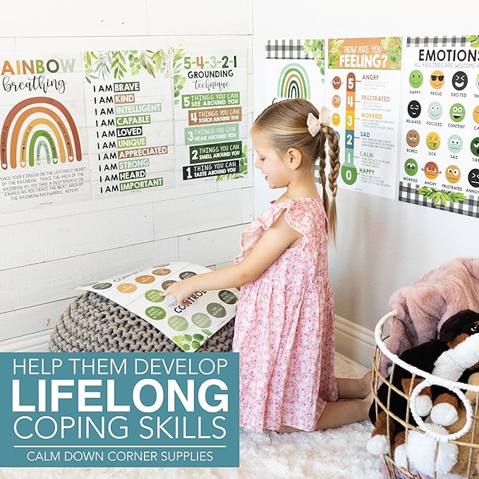 Hadley Designs 8 Calming Corner Posters For Classroom Must Haves For Teachers - 11x17 Calm Down Corner Supplies, Feelings Chart For Kids Ages 4-8, Toddler Emotions Chart, Farmhouse Classroom Decor