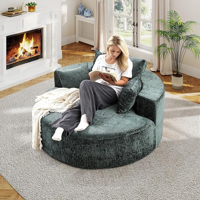 55"W Oversized Round Chair Lounge Chaise Indoor, Upholstered Comfy Circle Sofa Armchair, Modern Cozy Boneless Foam Floor Reading Chair for Living Room, Bedroom, No Assembly Required(Chenille, Green)