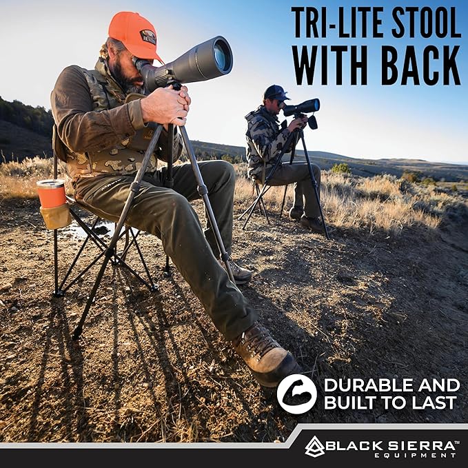 Black Sierra Tri-Lite Stool with Back Lightweight, Folding Chair, for Camping, Hunting, and Fishing, Steel Frame Supports 225 LBS (TAN 2)