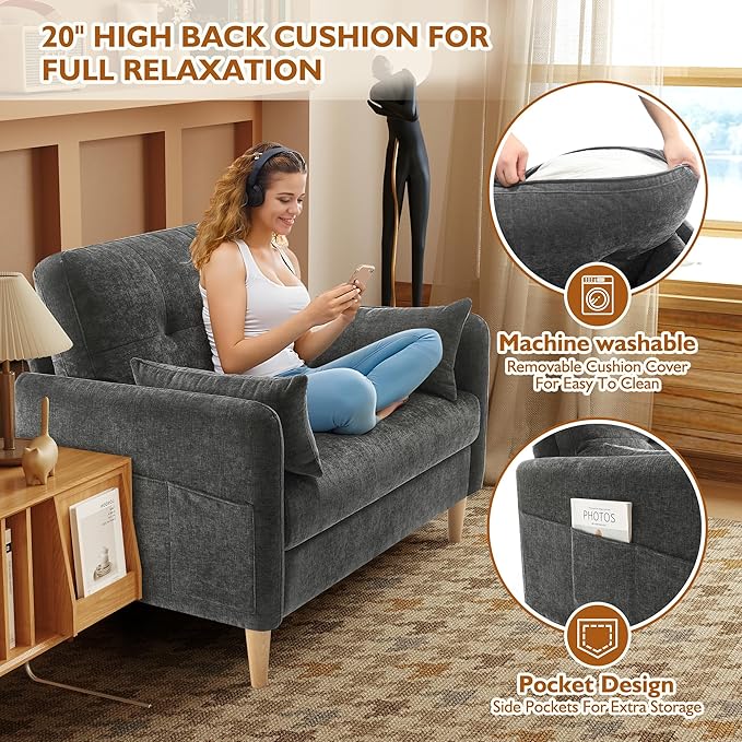 47" Small Sofa Couch for Bedroom, Soft Chenille loveseat Mini Couch with Throw Pillow and Removable Cushion Cover for Small Spaces, Living Room, Apartment, Dorm, Office(Dark Grey)