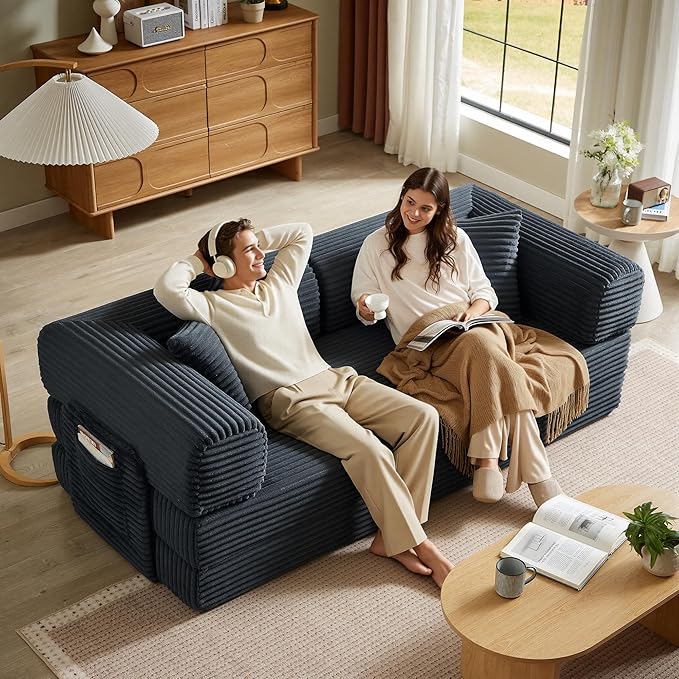 Chorlenimi Boneless Couch Futon Sofa Bed Sectional Couches for Living Room,Cloud Couch with Sleeper Sofa,Sofas for Living Room Oversized Corduroy Upholstered (Gray, 81 Inches (with Iron Frame))