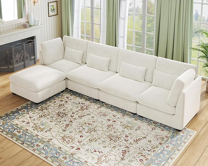 Oversized Modular Sofa, Extra Deep Cloud Chenille Sectional Couch with Ottoman Chaise, Fluffy Chenille 5 Seater Sofa Bed for Living Room, Villa (L Shape 5 Seater, Chenille White)