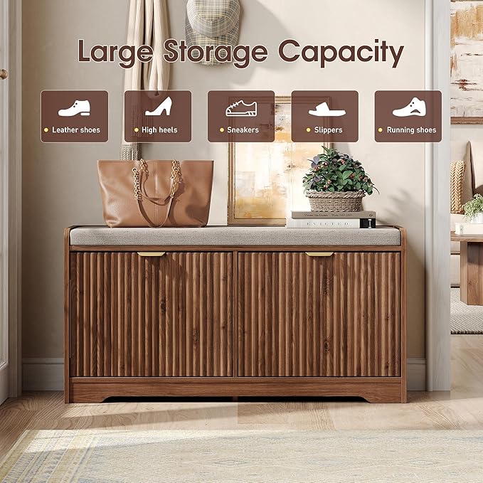 Maupvit Fluted Shoe Bench with Storage, Narrow Wooden Entryway Bench with Removable Cushion & 2 Flip-Drawers, Shoe Cabinet Bench, Farmhouse Boho Shoe Rack for Entrance, Hallway, Living Room (Walnut)