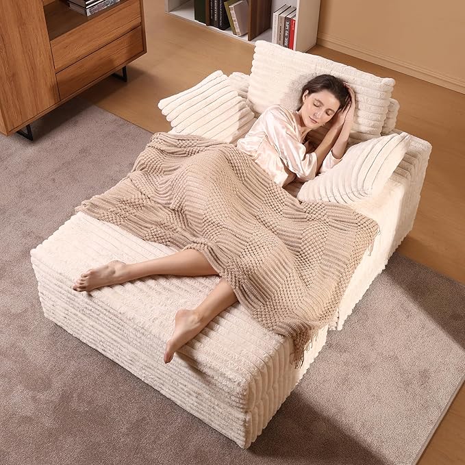GarveeHome Oversized Chaise Lounge Chair Indoor with Storage Ottoman, Upholstered Corduroy Sofa Bed Cloud Couch with 3 Pillows, Single Sleeper Sofa, Reading Gaming Chair for Living Room, Bedroom