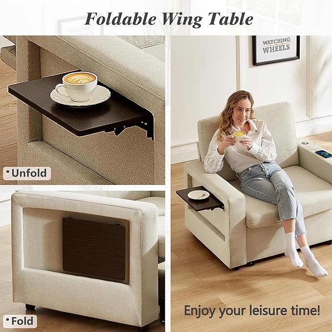 WEUP 42.5" Sleeper Chair Bed, 3-in-1 Oversized Convertible Sleeper Sofa Chair with Pull Out Bed, Reclining Adjustable Backrest/USB Ports/Table/Cup Holder, Tool-Free Assembly, Premium Beige