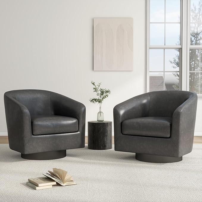 Swivel Barrel Chair, Modern Round PU Leather Accent Armchair for Living Room, Bedroom, Oversized Comfy Club Reading Chairs for Adults (Leather Black Grey, Set of 1)