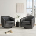 Swivel Barrel Chair, Modern Round PU Leather Accent Armchair for Living Room, Bedroom, Oversized Comfy Club Reading Chairs for Adults (Leather Black Grey, Set of 2)