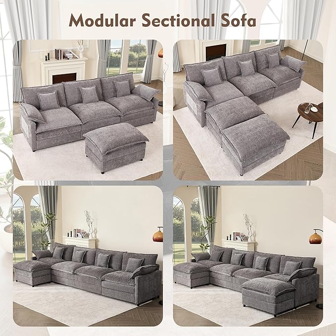GOSUHI 142.5" U Shaped Couch, Modular Sectional Sofa, 3-Seater Comfy Cloud Couch with Movable Ottoman, Deep Seat Couches for Living Room, Chenille, Slate