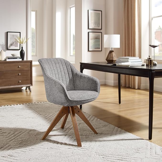 Art Leon Desk Chair - Mid Century Modern Office Chair No Wheels, Swivel Accent Chair with Oak Wood Legs, Fabric Upholstered Arm Chair, Gray