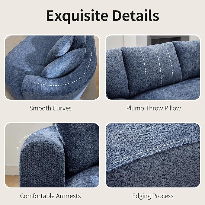 Opiesit 124" Oversized Boneless Couches for Living Room, Sectional Curved Sofa with 7 Pillows, L-Shape Boneless Couch with Deep Seat, High-Density Memory Foam, No Assembly Required, Chenille (Blue)