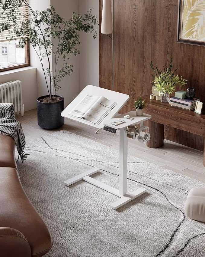 YIHAYO Adjustable Overbed Bedside Table with Wheels, 28 x 16 Inches Electric Mobile Standing Desk, Laptop Desk, Movable Overbed Tables Hospital Home Use, White