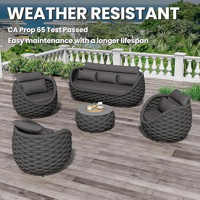 Erotr Aluminum Outdoor Patio Couch Set: 5 Pieces Woven Rope Porch Furniture Sofa Set - Metal Modern Deck Conversation Set - All Weather Assembled Courtyard Seating for Backyard Hotel Resort, Dark Grey