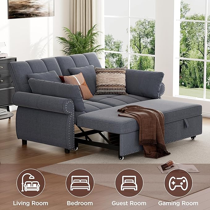 3 in 1 Sofa Bed, 61 Inch Convertible Pull out Couch with Four Pillows, Loveseat Sleeper Sofa with Adjustable Backrest, Sofa Couches for Living Room, Bedroom, Apartment, Chenille Fabric, Grey