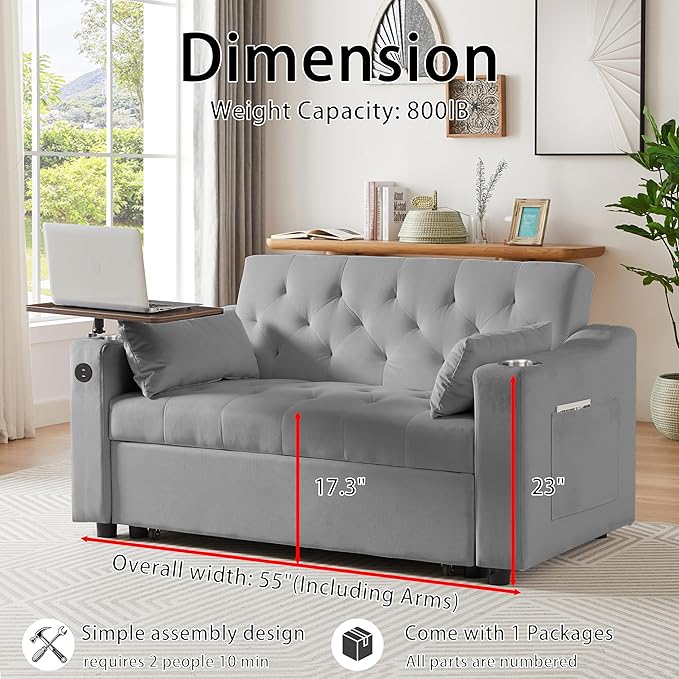 Auvsoce 53'' Convertible Sleeper Sofa Bed with Adjustable Backrest, Chaise Lounge, Side Table & Two Pillows – Stylish & Functional Addition to Any Living Room (Modern Grey)