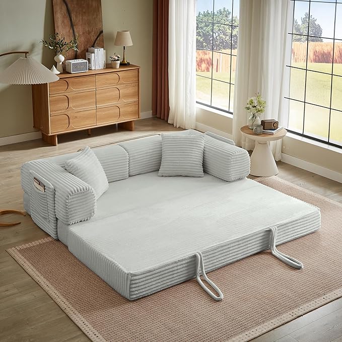 AUGOP Boneless Couch Folding Couches for Living Room Sofa, Futon Sofa Bed with Sleeper Sofa, Futon Couch with Fixed-Shape Oversized Corduroy Upholstered (Light Grey, 81 Inches)