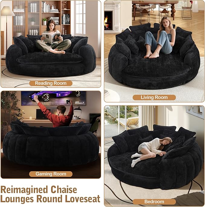 82'' Oversized Upholstered Sofa Bed, Round Chaise Lounge Chair Indoor, Modern Chenille Boneless Couch, No Assembly Required, Plush Sleeper Chair with 14 Pillows for Living Room, Black