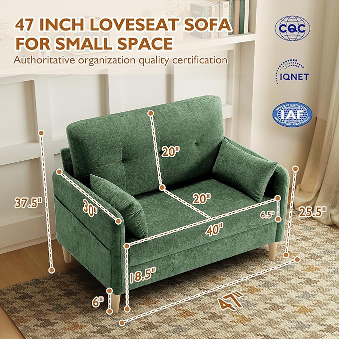 47" Small Sofa Couch for Bedroom, Soft Chenille loveseat Mini Couch with Throw Pillow and Removable Cushion Cover for Small Spaces, Living Room, Apartment, Dorm, Office(Green)