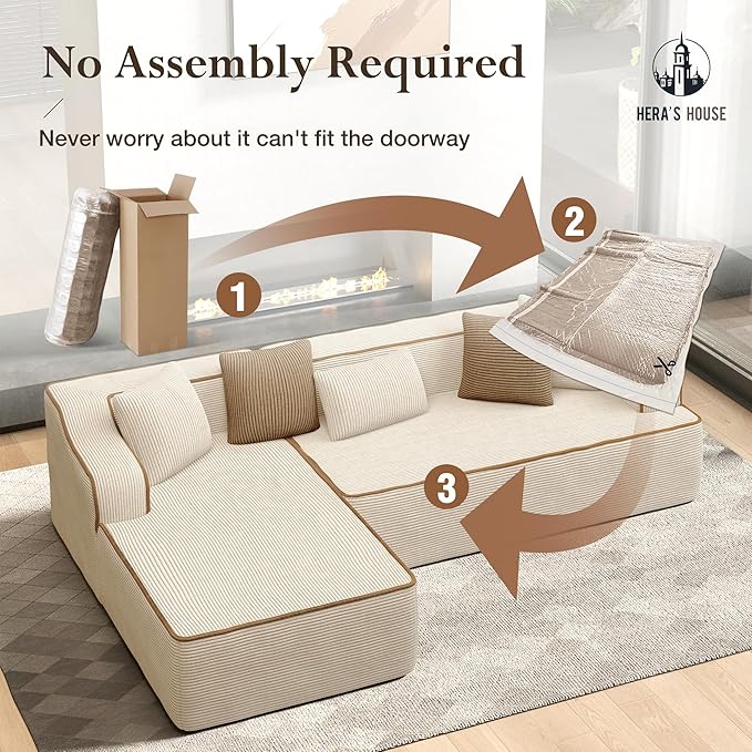 HERA'S HOUSE 105" Cloud Sectional Couch, Modular Upholstered Sofa with L-Shaped Chaise, Corduroy Boneless Couches with Wide Armrest and 5 Throw Pillows for Living Room, No Assembly Required, Beige