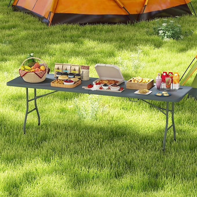 Tangkula 8 FT Folding Table, Indoor Outdoor Foldable Plastic Table with HDPE Tabletop, Sturdy Metal Fame, Carrying Handle, Heavy Duty Portable Fold-in-Half Picnic Table for Camping BBQ Party
