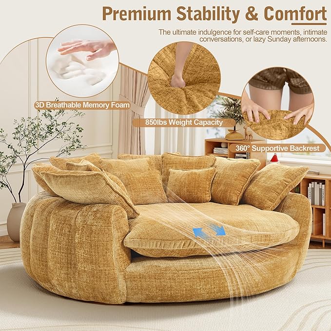 82'' Oversized Upholstered Sofa Bed, Round Chaise Lounge Chair Indoor, Modern Chenille Boneless Couch, No Assembly Required, Plush Sleeper Chair with 14 Pillows for Living Room, Yellow